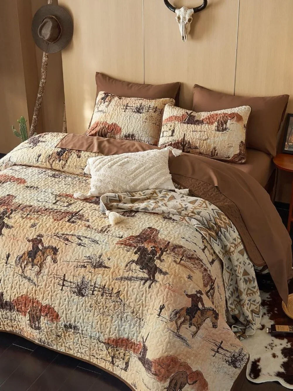 Southwestern Cowboy Quilt Set Rustic Ochre Brown Bedspread